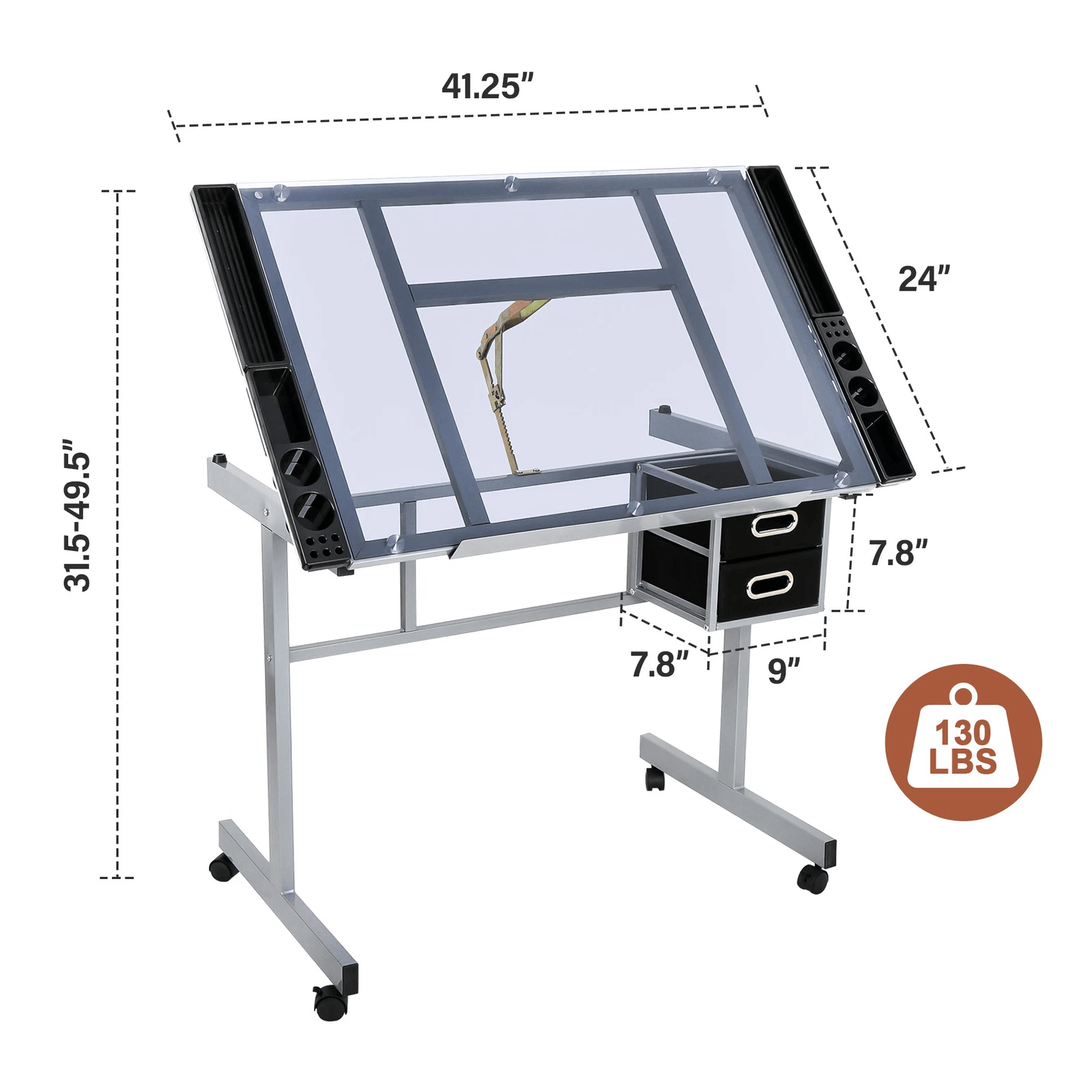 Tempered Glass Adjustable Rolling Drawing Drafting Table Professional Art  Craft Work Station With  12
