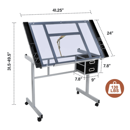 Tempered Glass Adjustable Rolling Drawing Drafting Table Professional Art  Craft Work Station With  12