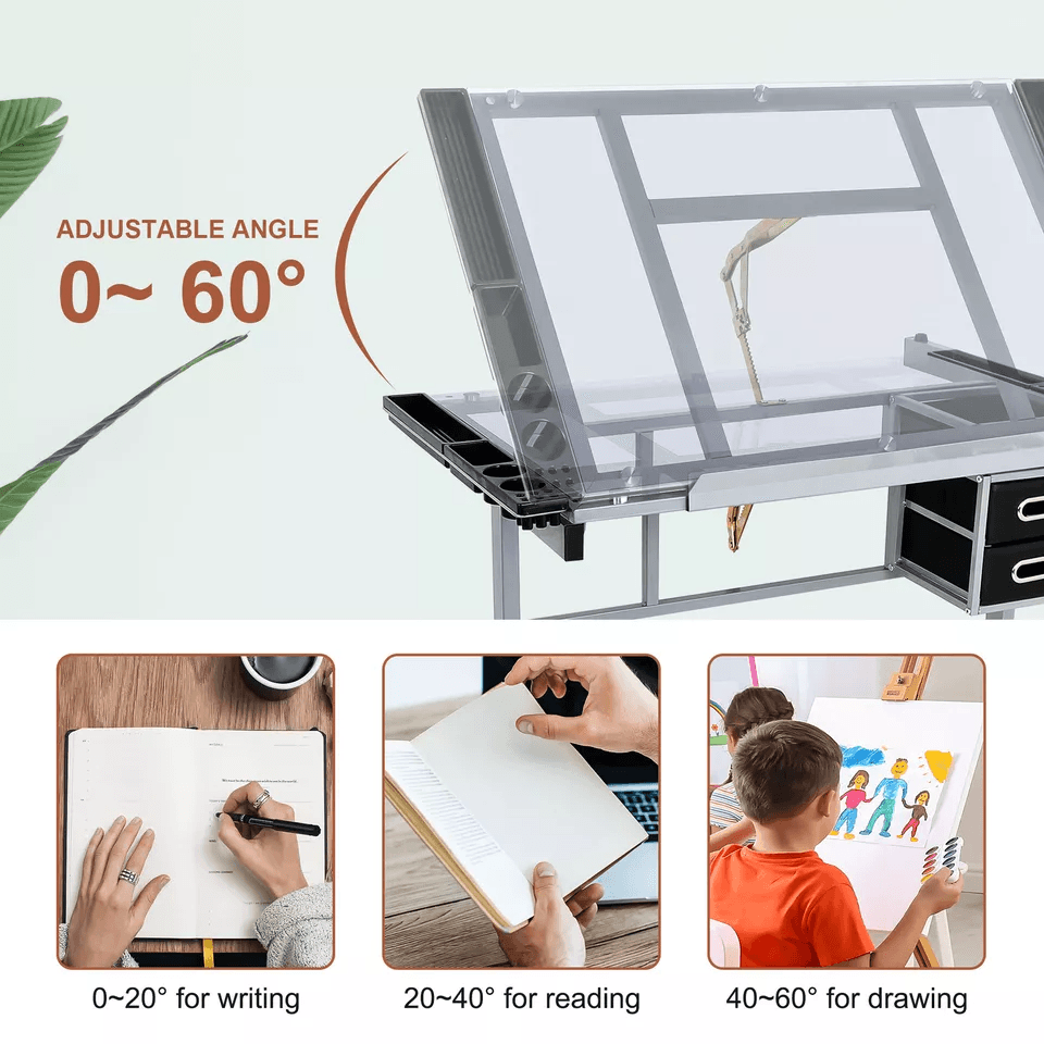 Tempered Glass Adjustable Rolling Drawing Drafting Table Professional Art  Craft Work Station With  4