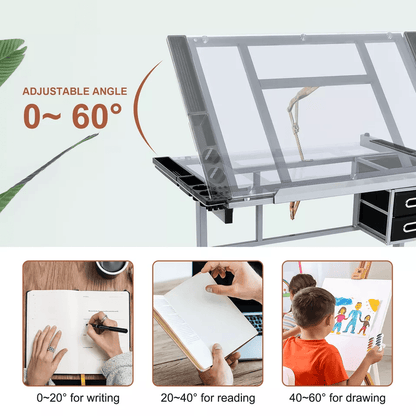 Tempered Glass Adjustable Rolling Drawing Drafting Table Professional Art  Craft Work Station With  4