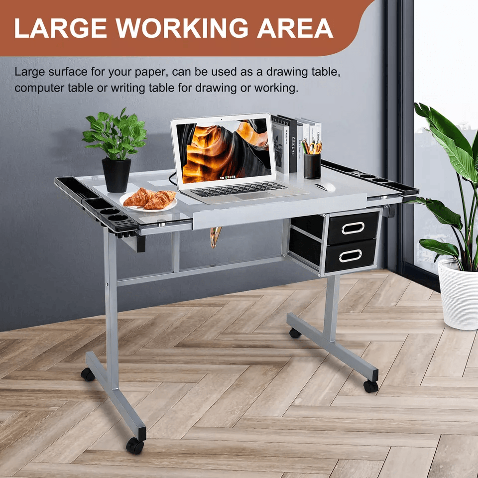 Tempered Glass Adjustable Rolling Drawing Drafting Table Professional Art  Craft Work Station With  2