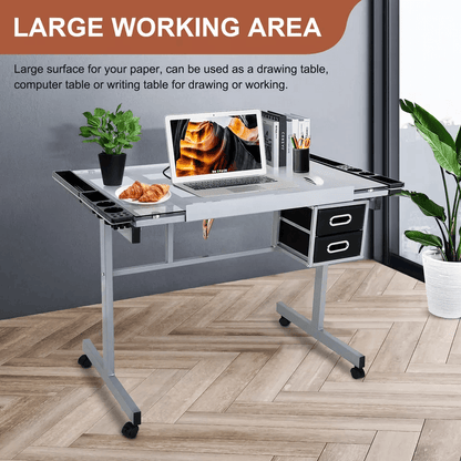 Tempered Glass Adjustable Rolling Drawing Drafting Table Professional Art  Craft Work Station With  2