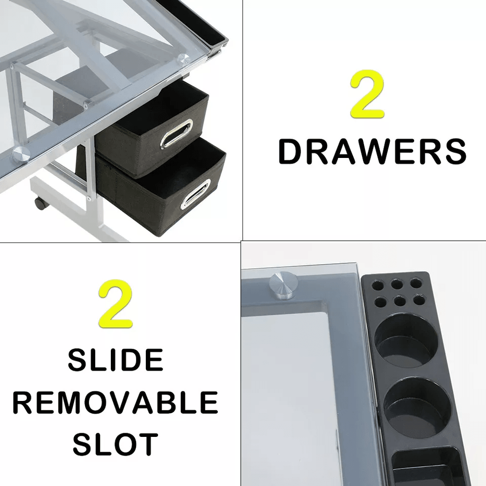 Tempered Glass Adjustable Rolling Drawing Drafting Table Professional Art  Craft Work Station With  6