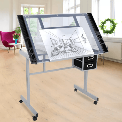Tempered Glass Adjustable Rolling Drawing Drafting Table Professional Art  Craft Work Station With  3