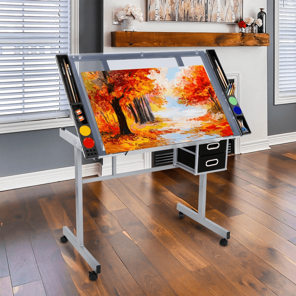 Tempered Glass Adjustable Rolling Drawing Drafting Table Professional Art  Craft Work Station With  1