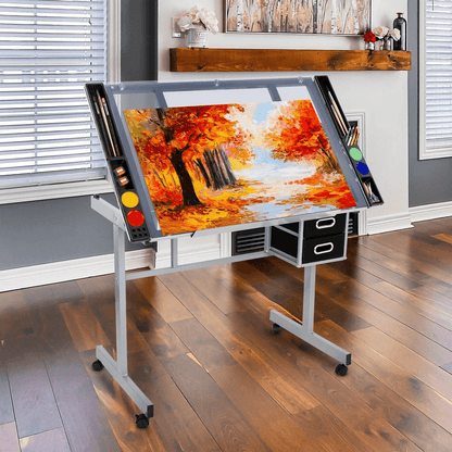Tempered Glass Adjustable Rolling Drawing Drafting Table Professional Art  Craft Work Station With  1