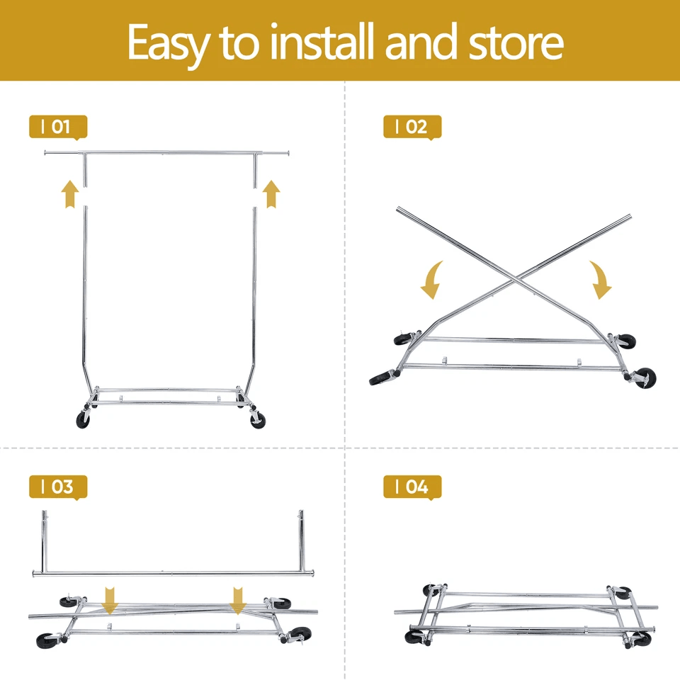 Rolling Garment Rack Collapsible Clothes Rack On Wheels Adjustable Silver Steel Hanging Rail 2