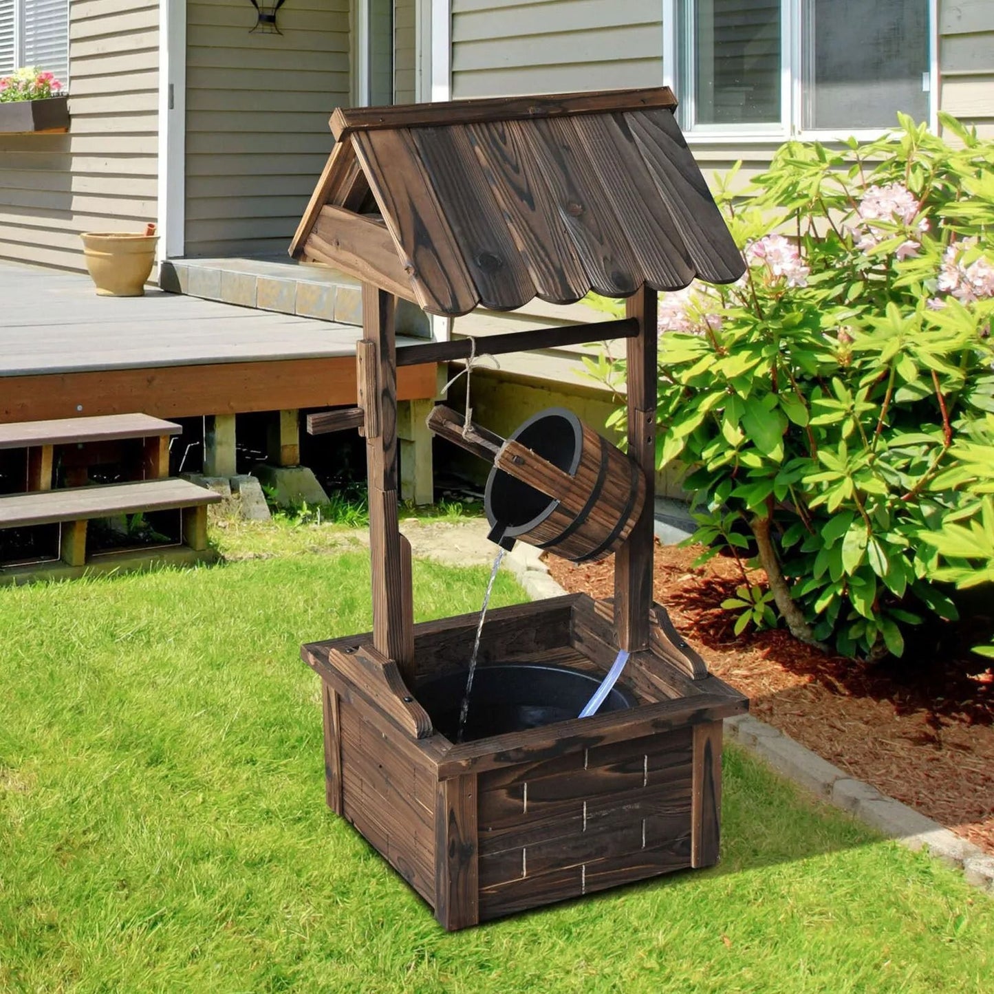 Outdoor Wishing Well Fountain, Wooden Decorative Water Feature for Backyard & Garden