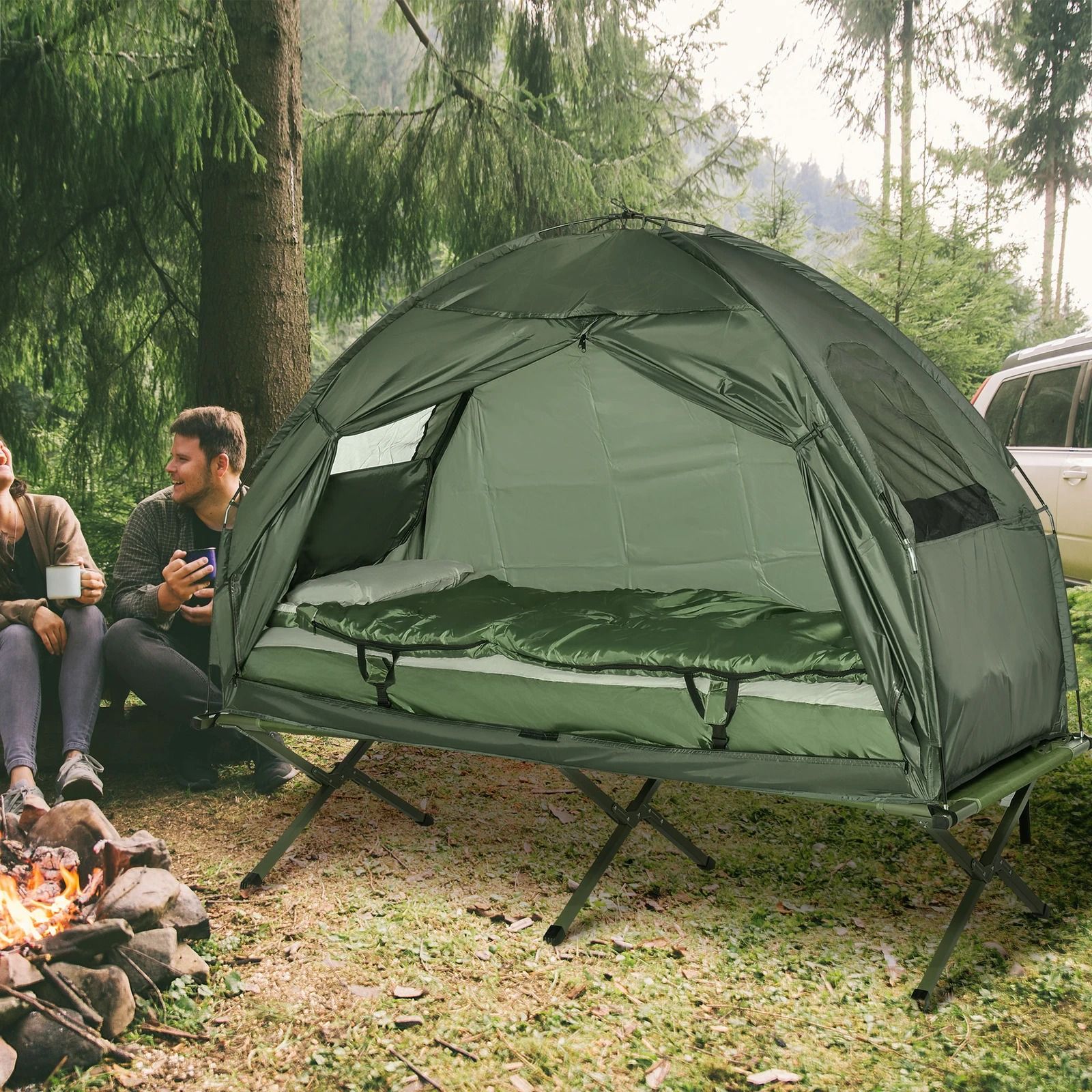 Outdoor Elevated Camping Cot, All-in-One 1-Person Tent, Air Mattress & Sleeping Bag
