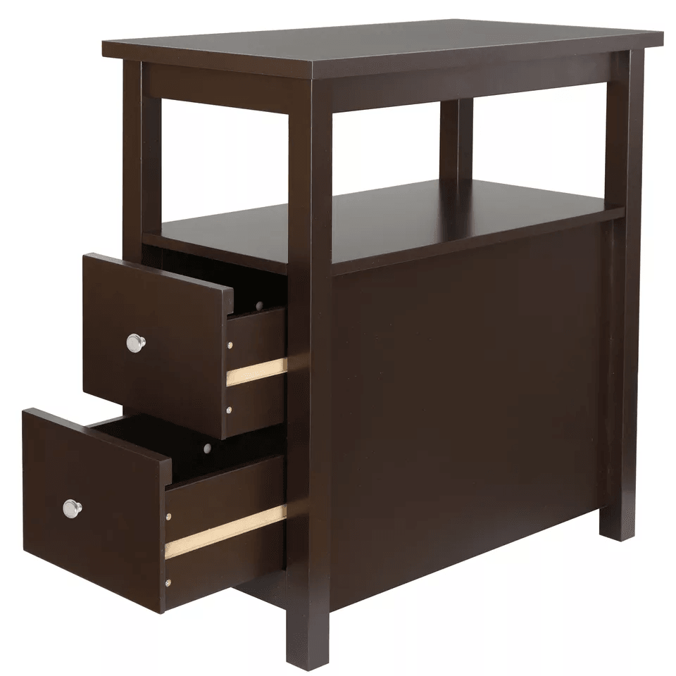 Chairside End Table With 2 Drawer And Shelf Narrow Side Table For Home Decor  Storage Reddish Brown 3