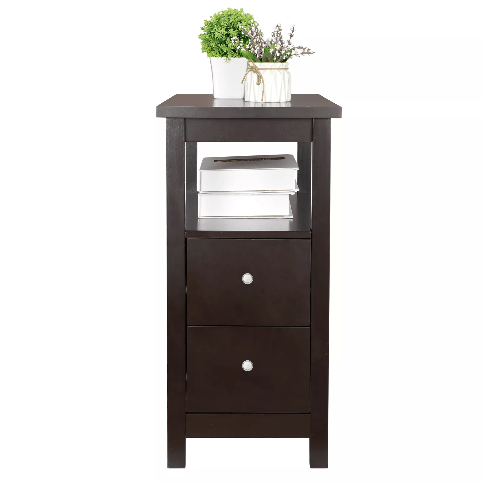 Chairside End Table with 2 Drawer and Shelf, Narrow Side Table for Home Decor & Storage, Reddish Brown Accent Table