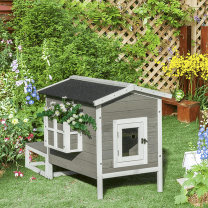 Wooden Raised Luxury Cat House with Balcony & Porch, Outdoor Indoor Dog Cage, Grey, Weatherproof