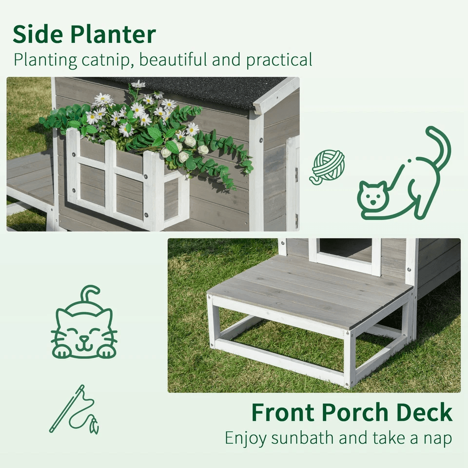 Wooden Raised Luxury Cat House With Balcony  Porch Outdoor Indoor Dog Cage Grey Weatherproof 2