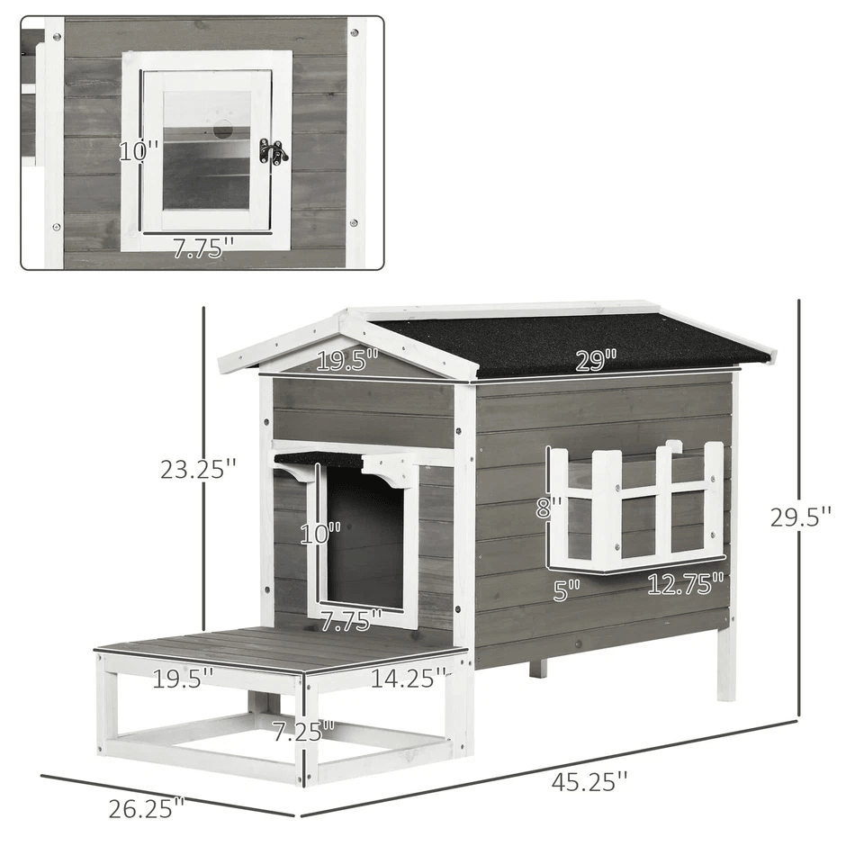 Wooden Raised Luxury Cat House With Balcony  Porch Outdoor Indoor Dog Cage Grey Weatherproof 4