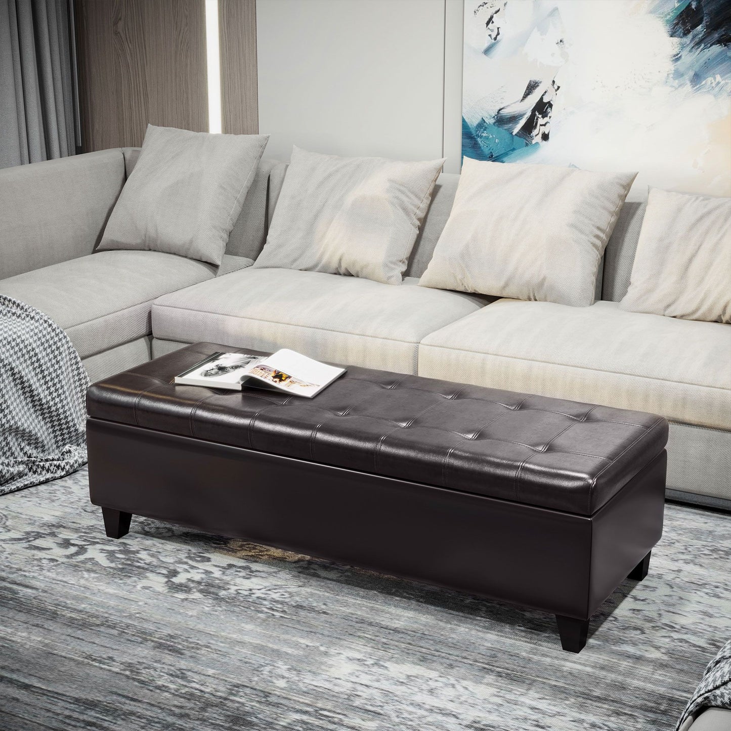 51" Tufted Top Storage Ottoman Bench – Large PU Leather Organizer Chair & Footstool with Ample Space
