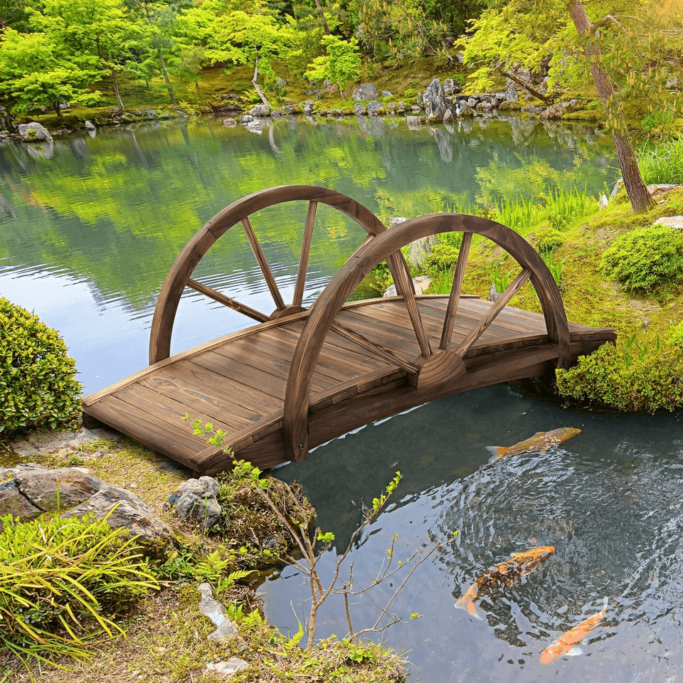 Wooden Garden Bridge Arc Stained Finish Walkway With Half Wheeled Railings Decorative Outdoor Lands 1