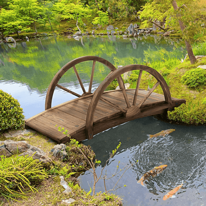 Wooden Garden Bridge Arc Stained Finish Walkway With Half Wheeled Railings Decorative Outdoor Lands 1