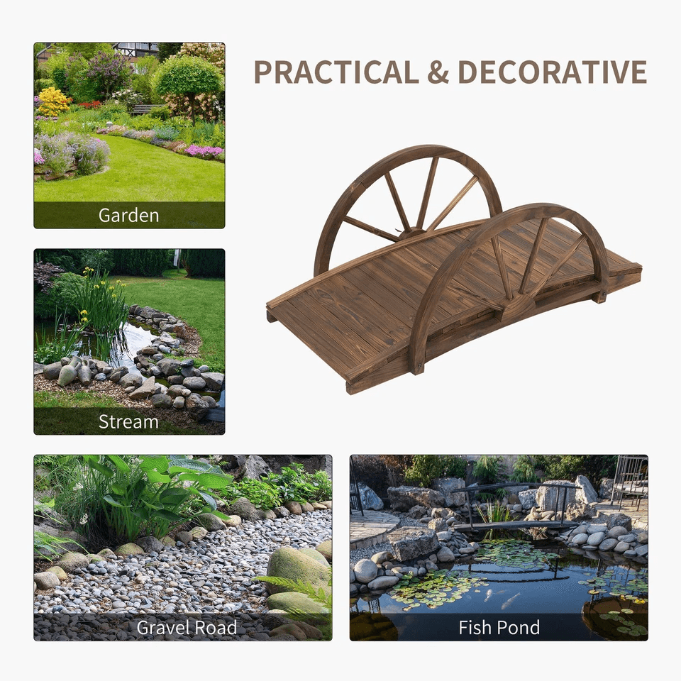Wooden Garden Bridge Arc Stained Finish Walkway With Half Wheeled Railings Decorative Outdoor Lands 7