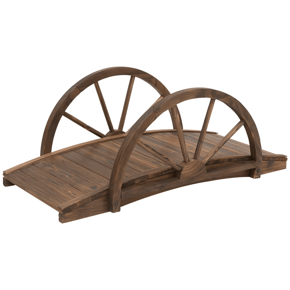 Wooden Garden Bridge Arc Stained Finish Walkway With Half Wheeled Railings Decorative Outdoor Lands 2