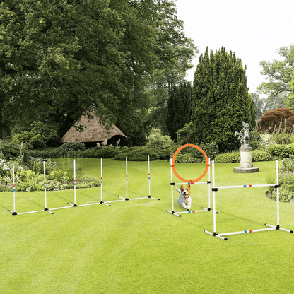 Outdoor 3 Piece Dog Pet Agility Training Equipment Backyard Starter Course Set, High Jump, Weave Poles & Ring by PawHut