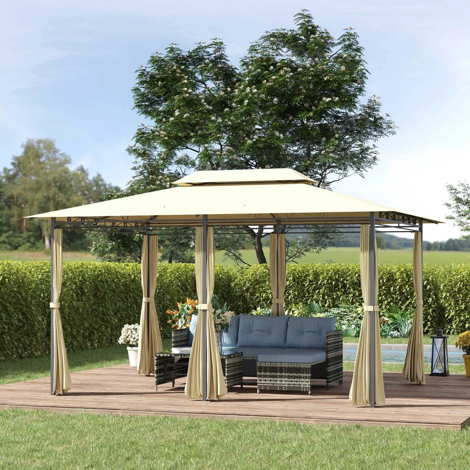 Large Outdoor Relaxing Cabana With Steel Frame  Removable Cream White Curtains Perfect For Patio  G 1
