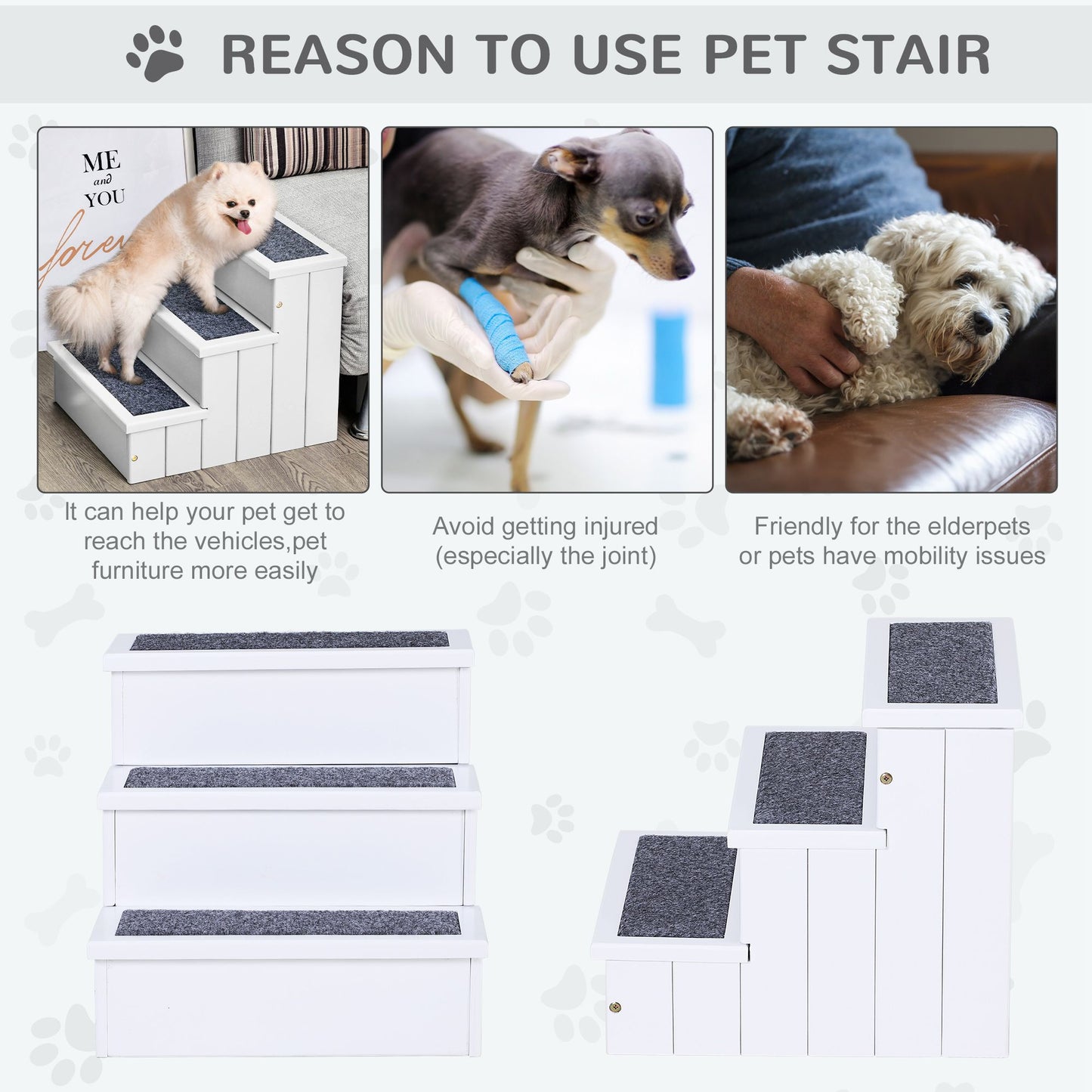 3Step Wood Pet Stairs With NonSlip Carpet  Safe Ramp For Cats  Small Dogs 3