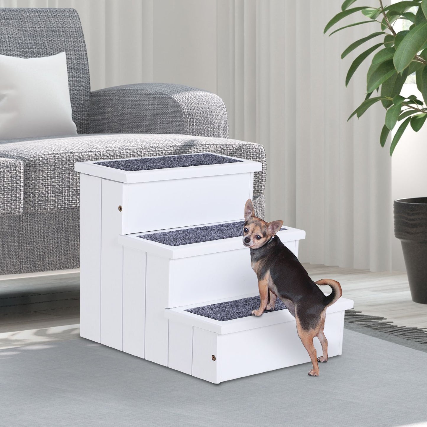 3-Step Wood Pet Stairs with Non-Slip Carpet – Safe Ramp for Cats & Small Dogs