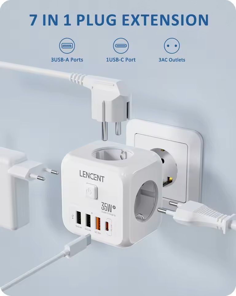 7 in 1 EU Plug Power Strip with USB Fast Charging and Type C PD Port