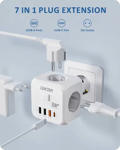 7 in 1 EU Plug Power Strip with USB Fast Charging and Type C PD Port