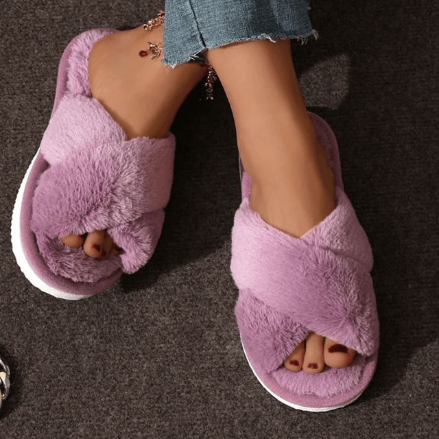 Cozy Cross Strap Faux Fur Slippers For Women  Warm Indoor Plush Slides 4