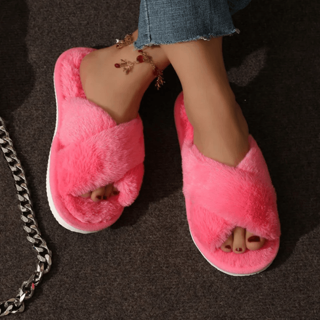 Cozy Cross Strap Faux Fur Slippers For Women  Warm Indoor Plush Slides 6