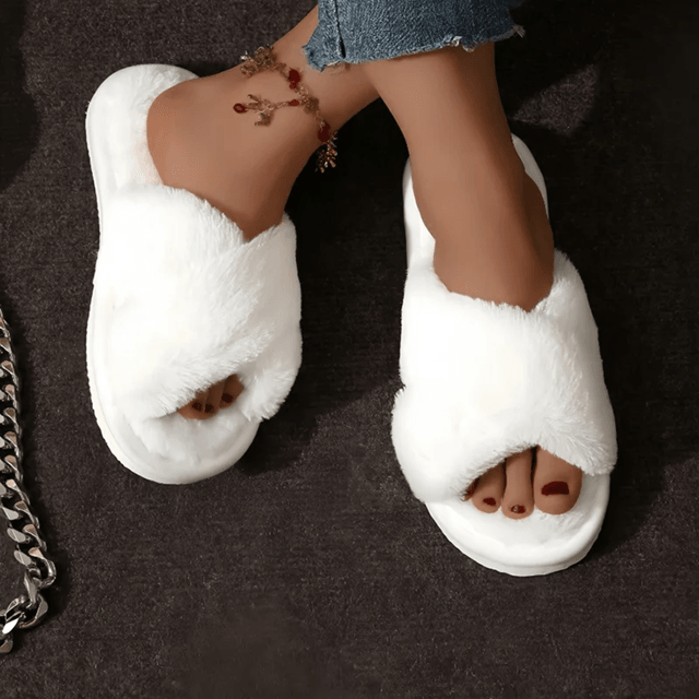 Cozy Cross Strap Faux Fur Slippers For Women  Warm Indoor Plush Slides 5