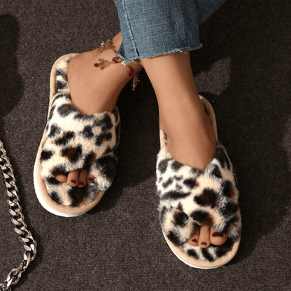 Cozy Cross Strap Faux Fur Slippers For Women  Warm Indoor Plush Slides 2
