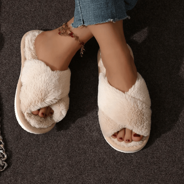 Cozy Cross Strap Faux Fur Slippers For Women  Warm Indoor Plush Slides 7