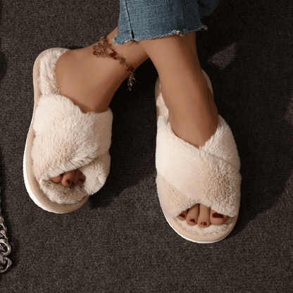 Cozy Cross Strap Faux Fur Slippers For Women  Warm Indoor Plush Slides 7