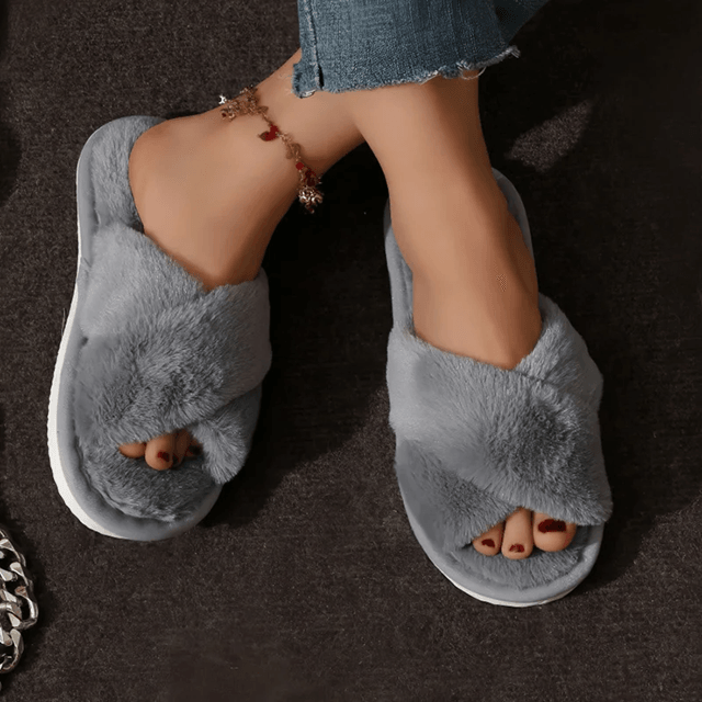 Cozy Cross Strap Faux Fur Slippers For Women  Warm Indoor Plush Slides 3