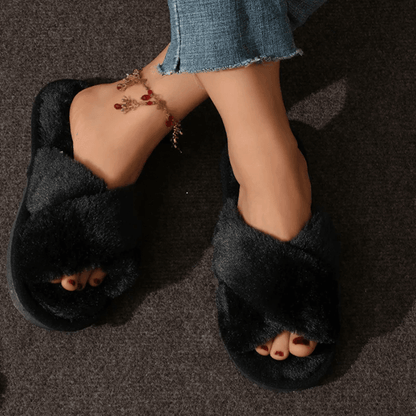 Cozy Cross Strap Faux Fur Slippers For Women  Warm Indoor Plush Slides 1
