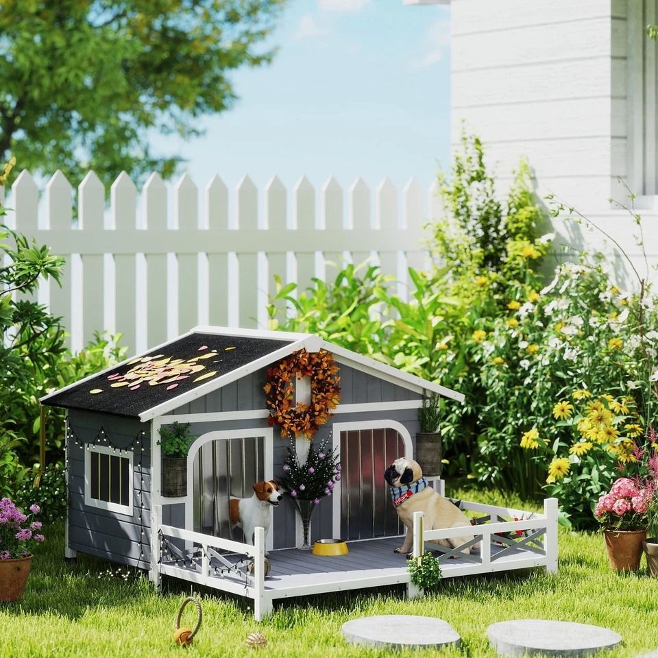 Large Wooden Dog House For Porch Or Deck 59 Grey Outdoor Pet Shelter 4