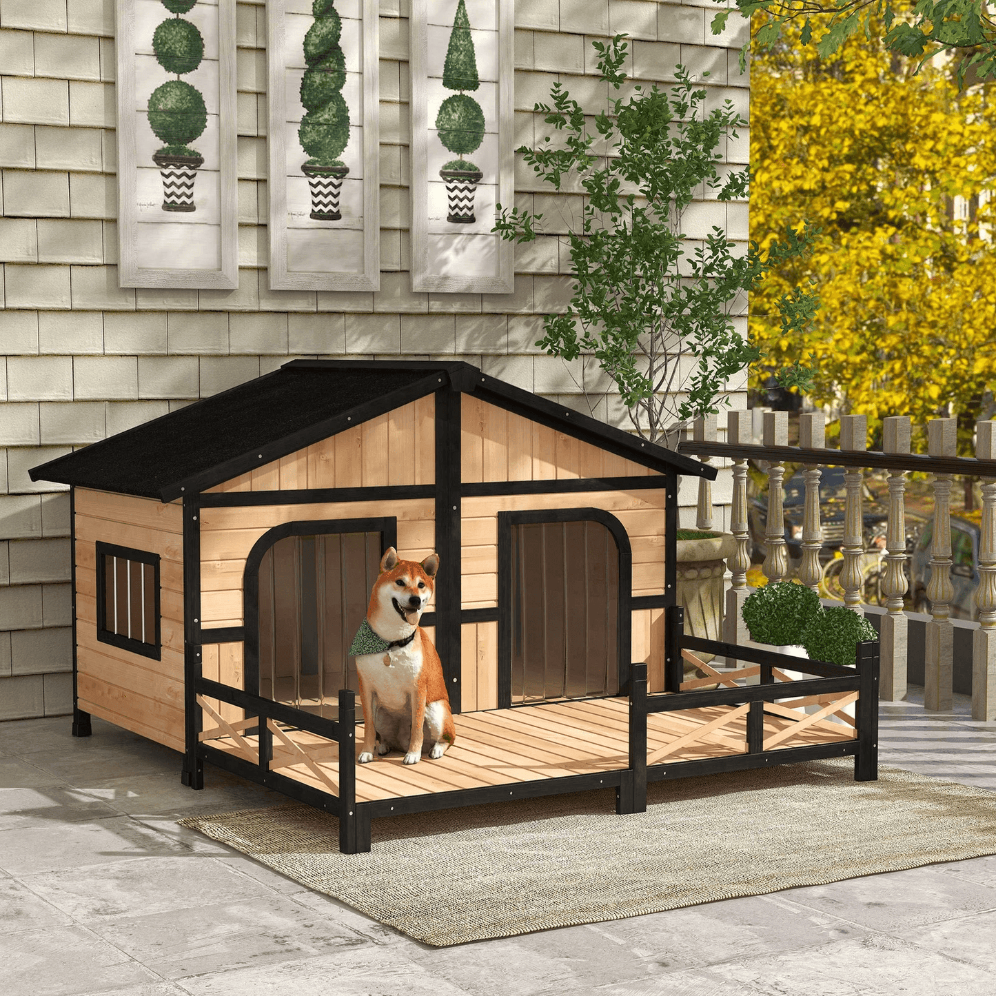 Wooden Elevated Backyard Dog House Kit All Weather Rustic Log Cabin Outdoor Pet Shelter For Small   9