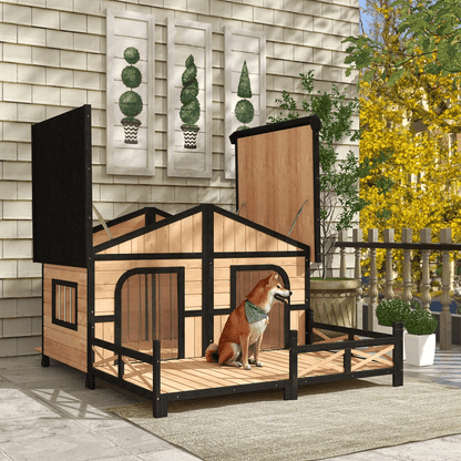 Wooden Elevated Backyard Dog House Kit, All Weather Rustic Log Cabin Outdoor Pet Shelter for Small & Large Dogs