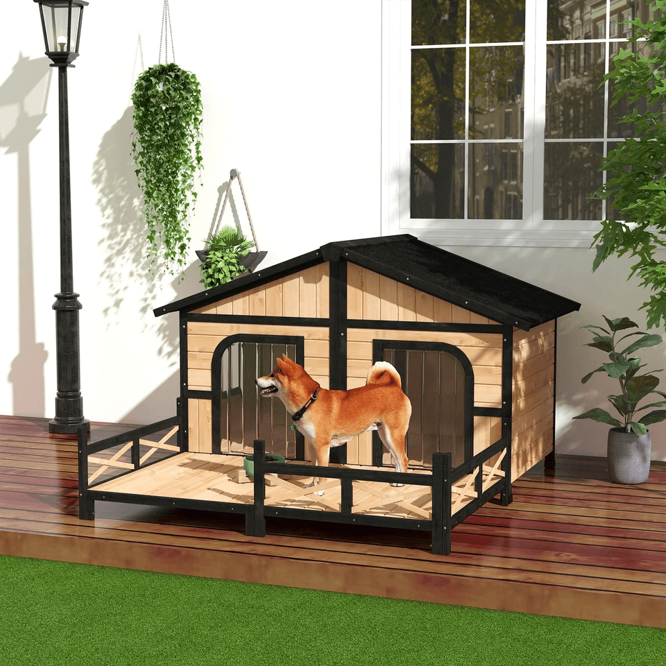 Wooden Elevated Backyard Dog House Kit All Weather Rustic Log Cabin Outdoor Pet Shelter For Small   1