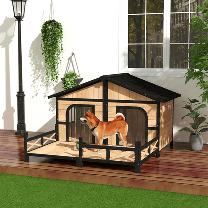 Wooden Elevated Backyard Dog House Kit All Weather Rustic Log Cabin Outdoor Pet Shelter For Small   1