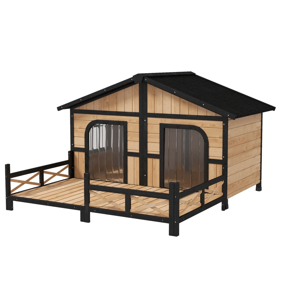 Wooden Elevated Backyard Dog House Kit All Weather Rustic Log Cabin Outdoor Pet Shelter For Small   3