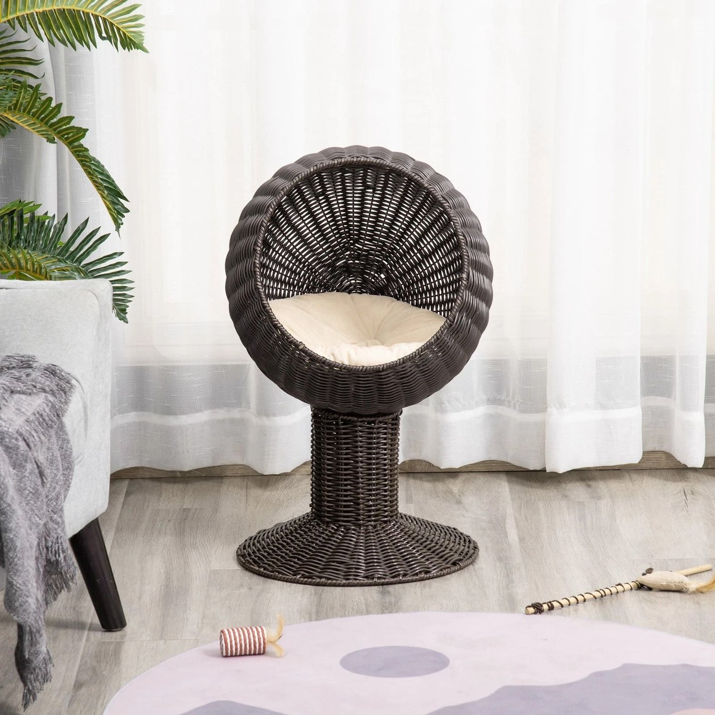 27 Rattan Wicker Elevated Cat House  Cozy Kitty Scratch House With Plush Cushion Boho Pet Bed 1