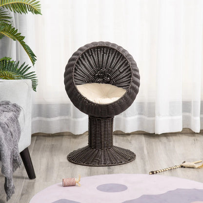 27 Rattan Wicker Elevated Cat House  Cozy Kitty Scratch House With Plush Cushion Boho Pet Bed 1