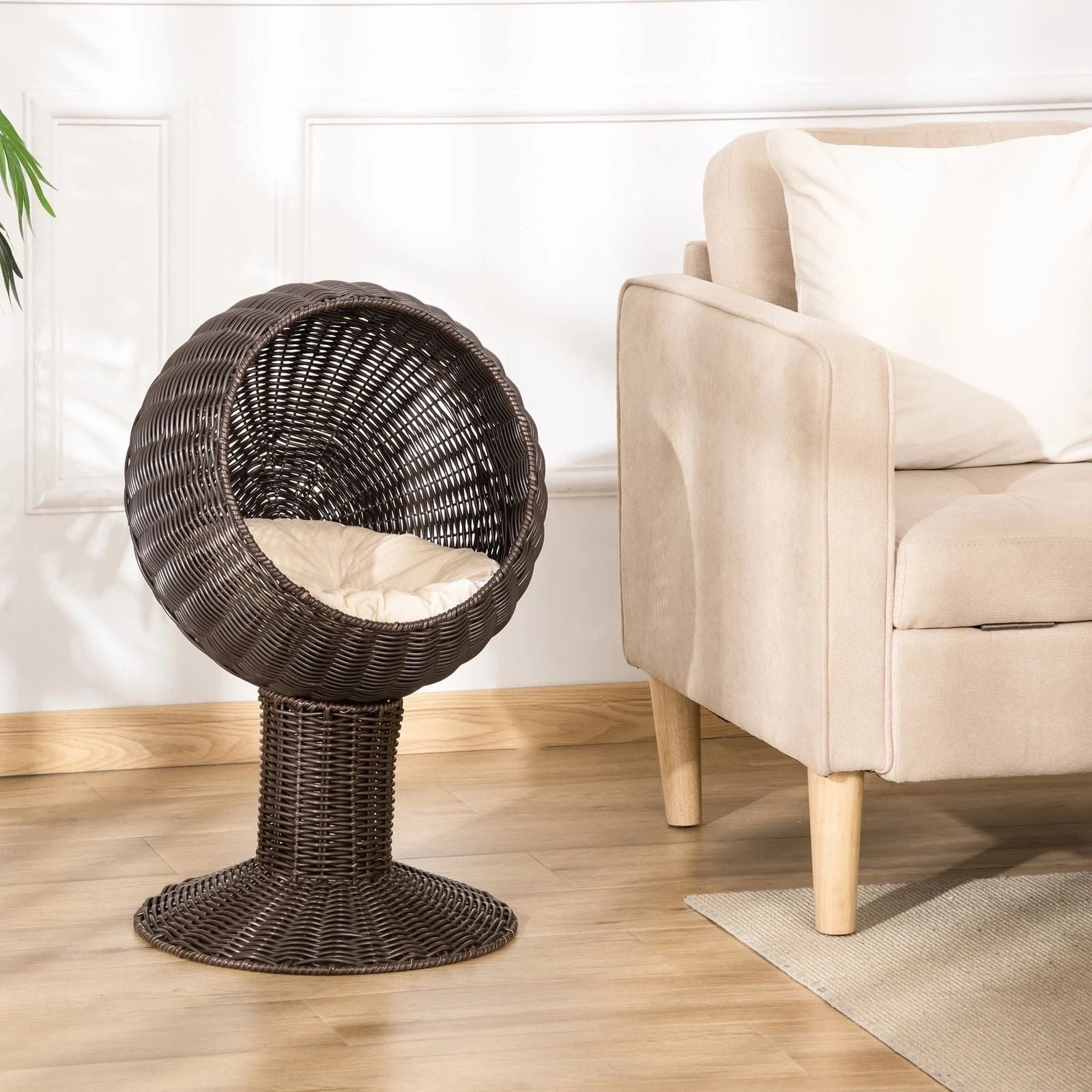 27 Rattan Wicker Elevated Cat House  Cozy Kitty Scratch House With Plush Cushion Boho Pet Bed 2
