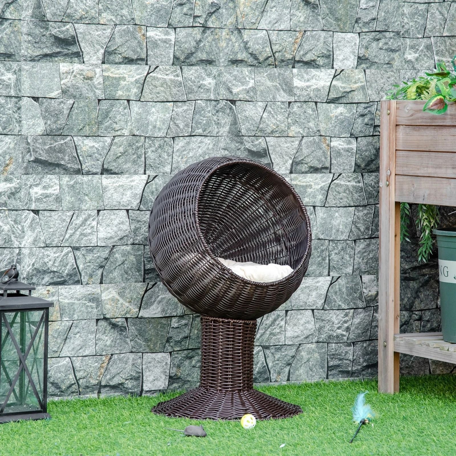 27 Rattan Wicker Elevated Cat House  Cozy Kitty Scratch House With Plush Cushion Boho Pet Bed 4