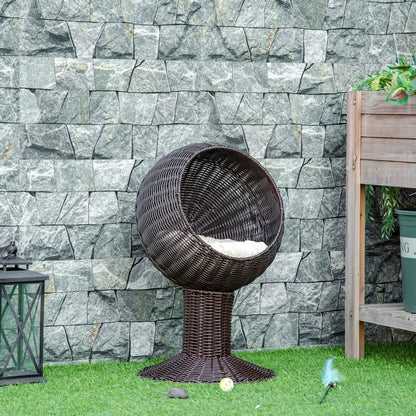 27 Rattan Wicker Elevated Cat House  Cozy Kitty Scratch House With Plush Cushion Boho Pet Bed 4