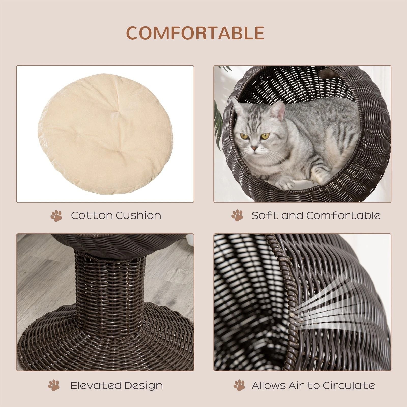 27 Rattan Wicker Elevated Cat House  Cozy Kitty Scratch House With Plush Cushion Boho Pet Bed 6