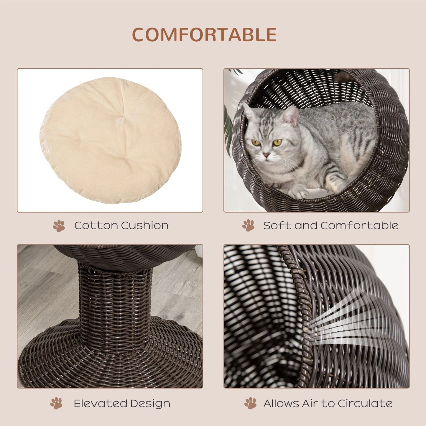27 Rattan Wicker Elevated Cat House  Cozy Kitty Scratch House With Plush Cushion Boho Pet Bed 3